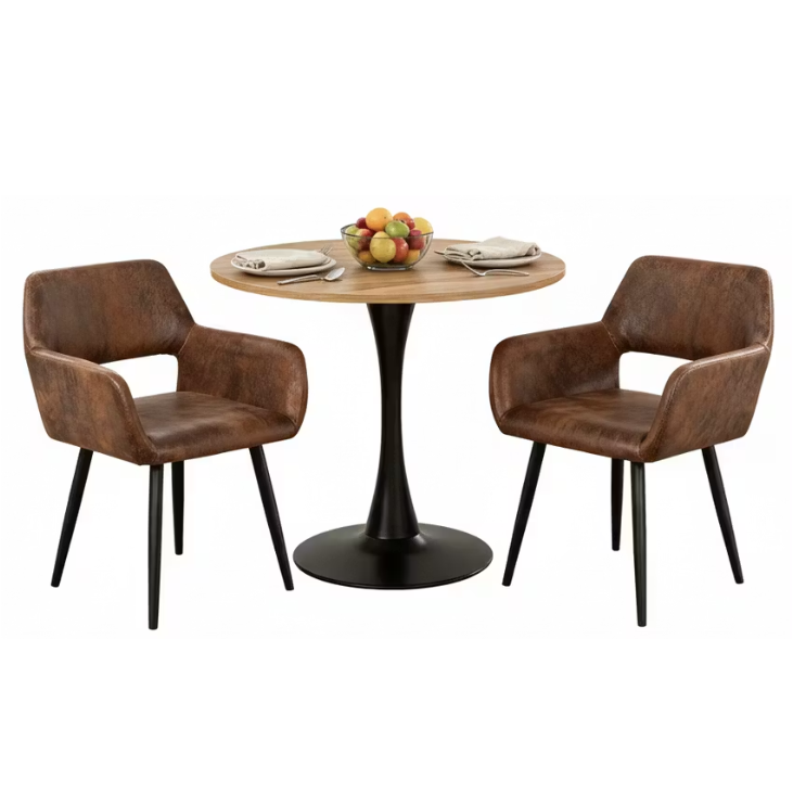 Ensemble de salle à manger de style scandinave composé d'une table ronde en chêne et de 2 fauteuils en suédine marron