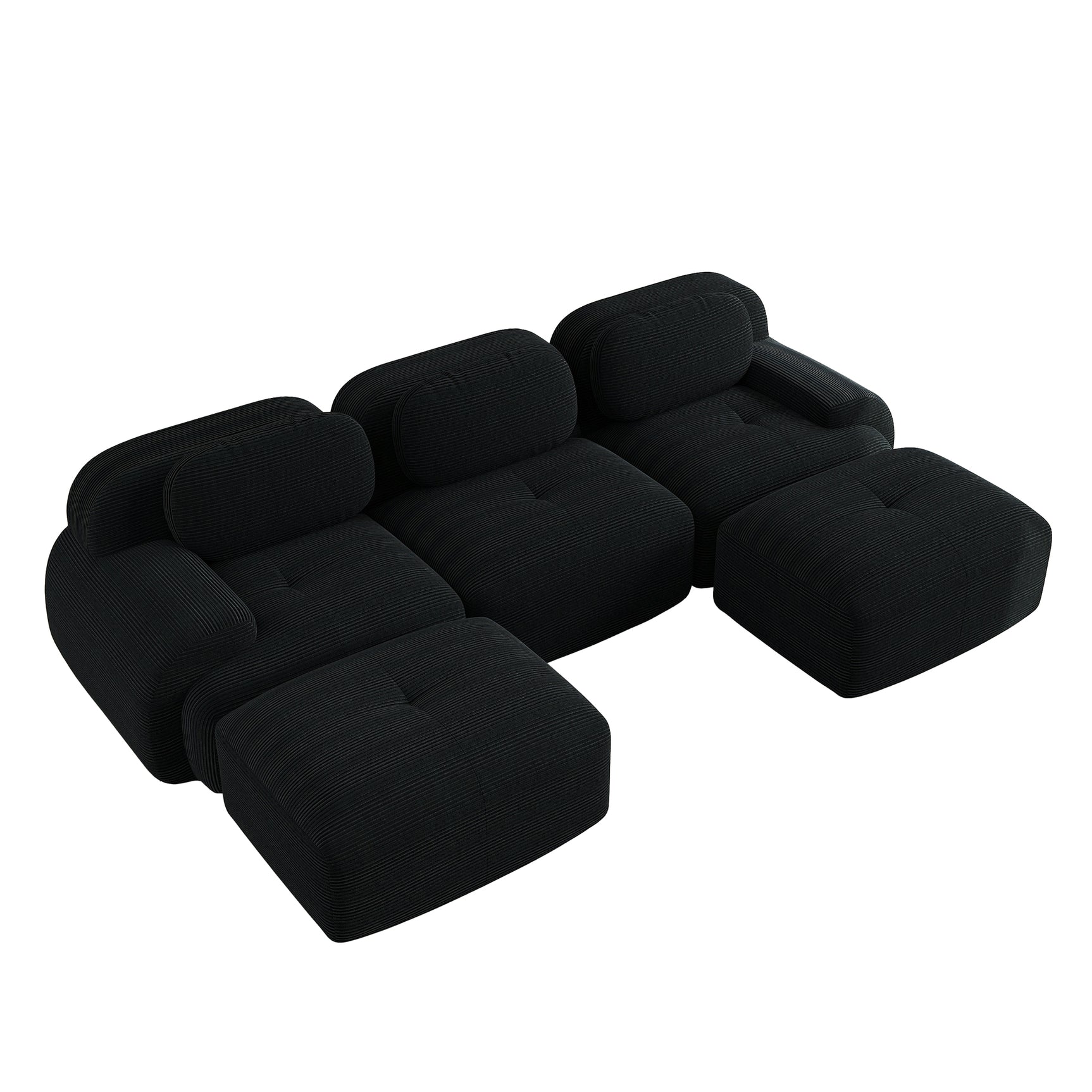 Ensemble de canapés avec accoudoirs incurvés et base antidérapante en tissu velours côtelé doux pour le salon, noir, siège 3 + tabouret 2