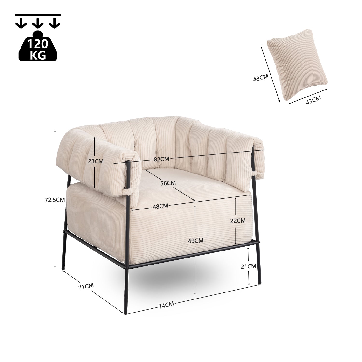 Fauteuil lounge avec accoudoirs en velours côtelé beige - DOMCO