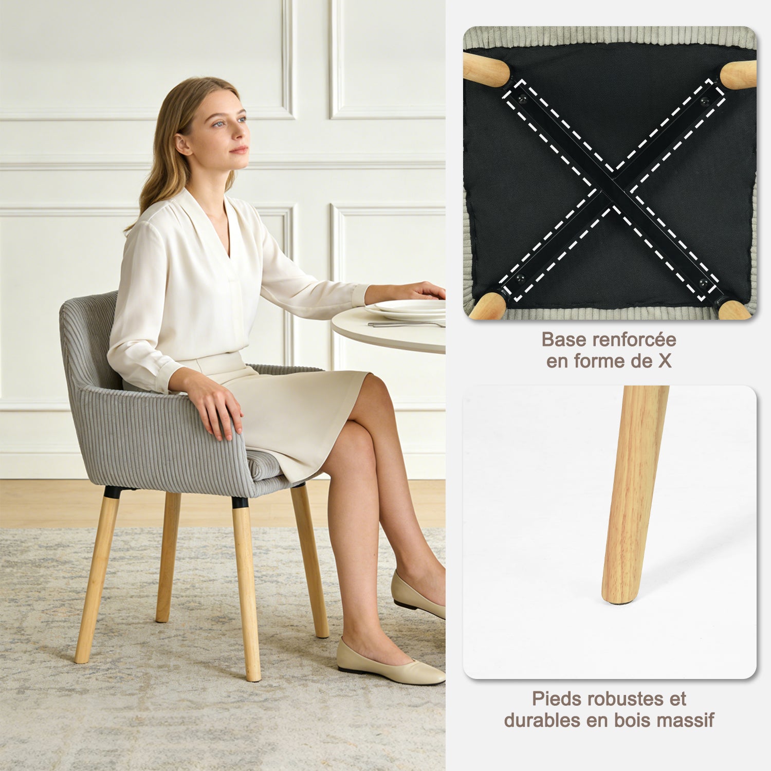 Lot de 2 chaises de salle à manger de style scandinave avec pieds en bois et accoudoirs en velours côtelé gris - ELIA