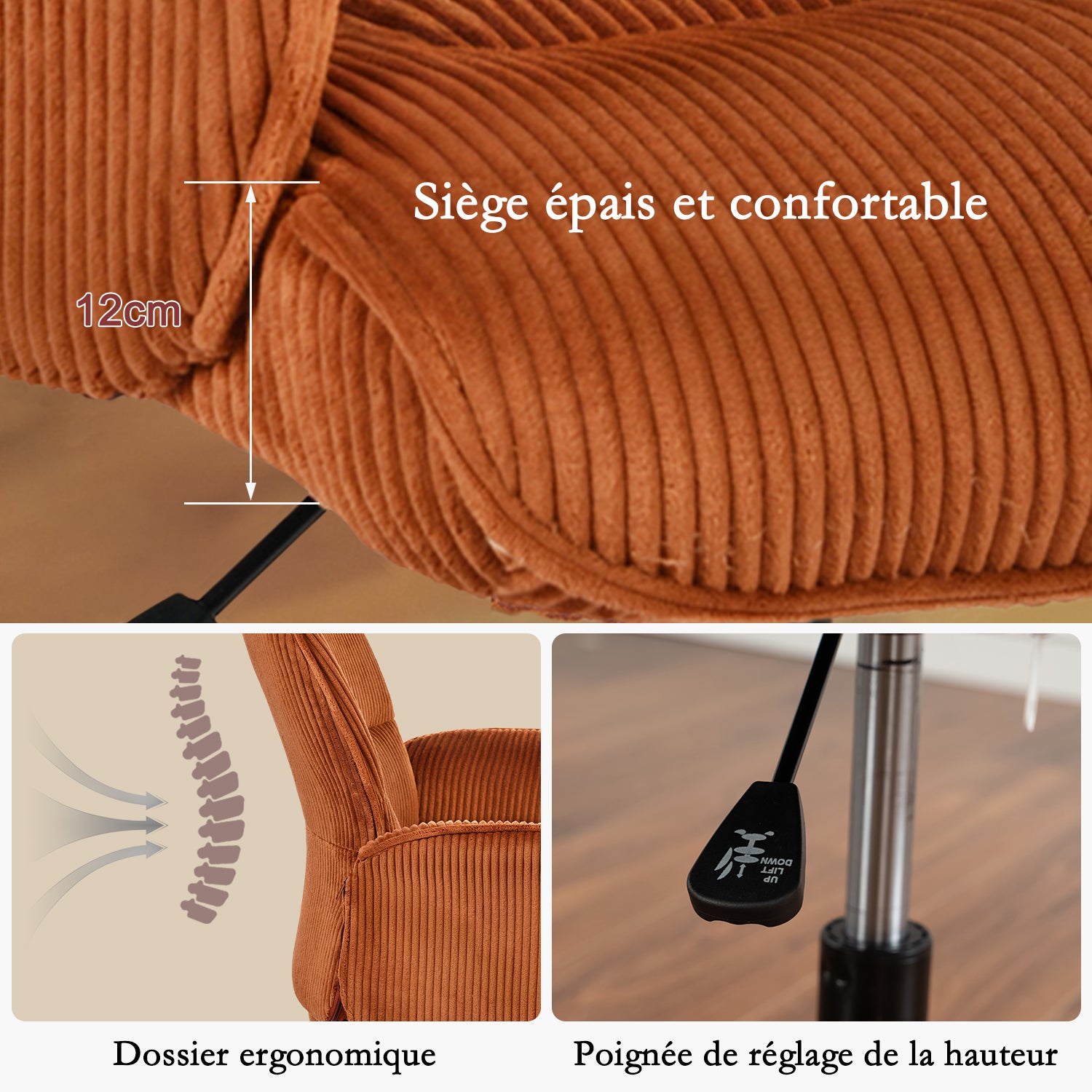 Fauteuil de bureau ergonomique pivotant et réglable avec accoudoirs en velours côtelé rouge - THOMASINA