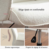 Fauteuil de bureau ergonomique réglable pivotant avec accoudoirs en tissu bouclette blanc - THOMASINA