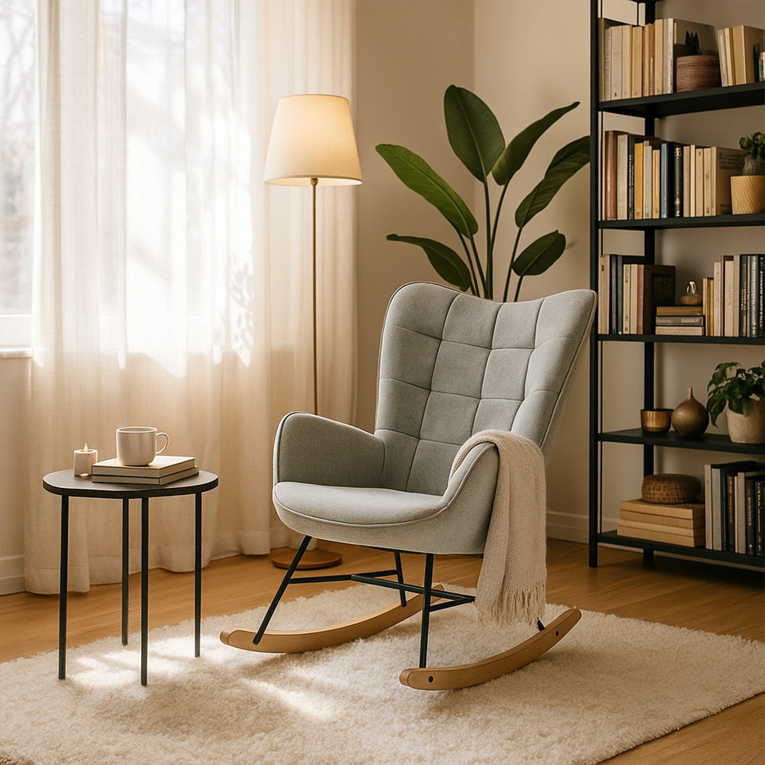 Fauteuil à bascule allaitement scandinave avec accoudoirs en tissu gris à surpiqûres - FUNKEL