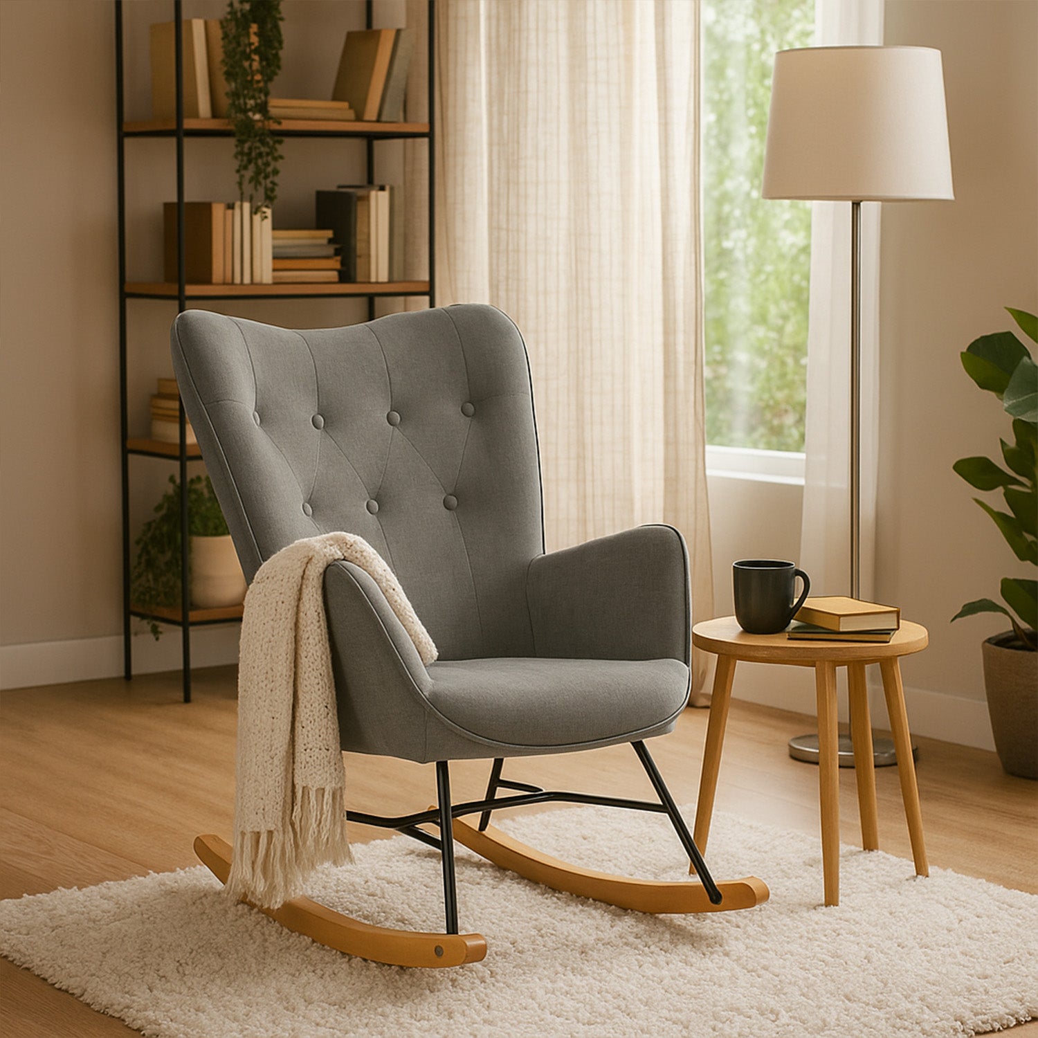 Fauteuil à bascule allaitement scandinave avec accoudoirs en tissu gris capitonné - EPPING