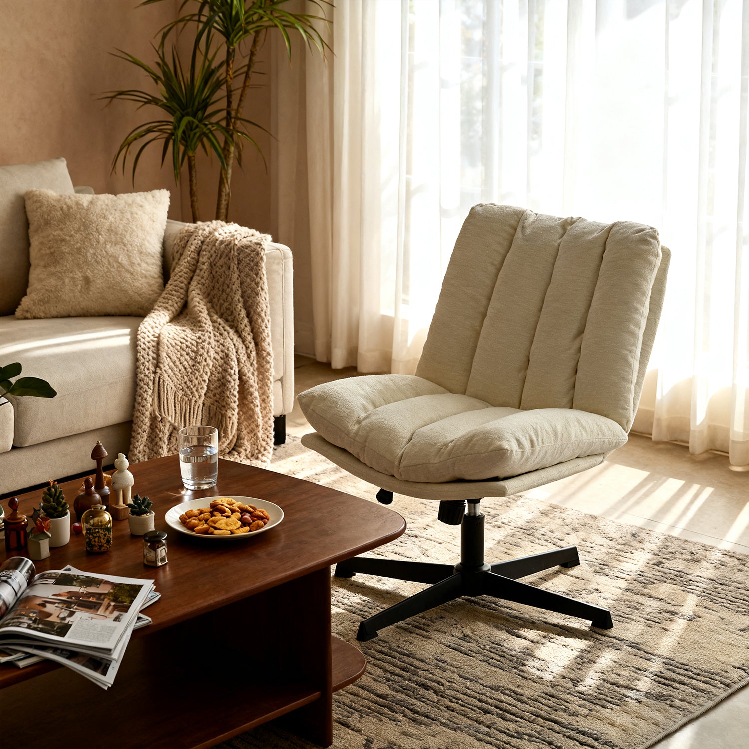 Drehbarer, verstellbarer Freizeitsessel mit Armlehnen aus beigem Cord – DUROTHIL