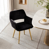 Chaise de salle à manger de style scandinave en fausse fourrure noire avec pieds en métal doré