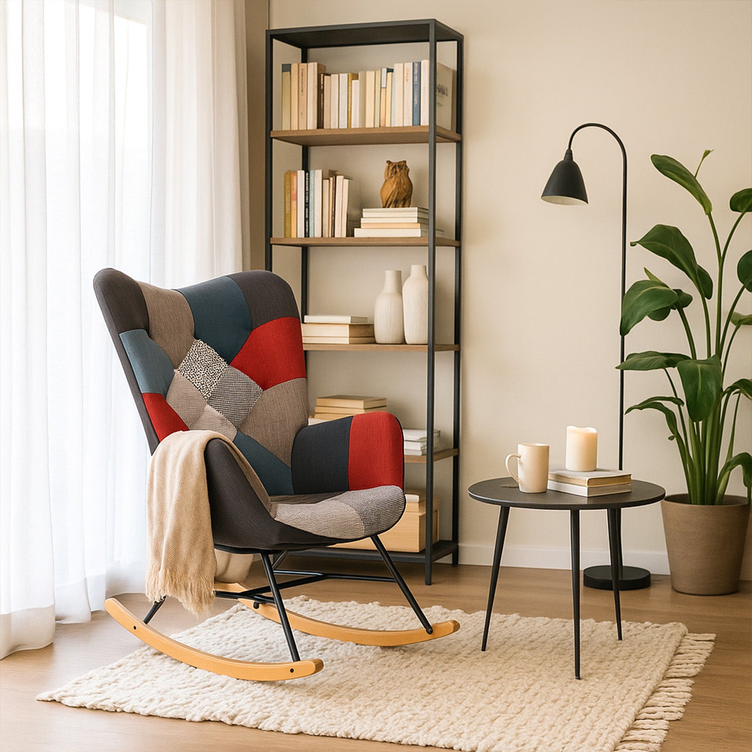 Fauteuil à bascule allaitement scandinave avec accoudoirs en tissu patchwork à surpiqûres - FUNKEL