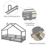 Lit cabane enfant 90x200 cm bois massif gris avec barrière anti-chute et sommier à lattes