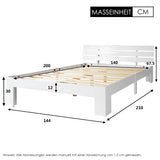 Lit double 140x200 cm en bois massif de pin blanc avec sommier à lattes et tête de lit, design rustique et compact (sans matelas)