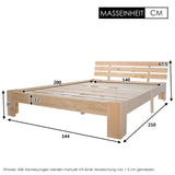 Lit double 140x200 cm en bois massif de pin naturel avec sommier à lattes et tête de lit, structure robuste et design intemporel, sans matelas.