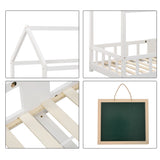 Lit cabane enfant 90x200 cm blanc en bois massif avec tableau noir, sommier à lattes et barrières de sécurité, sans matelas