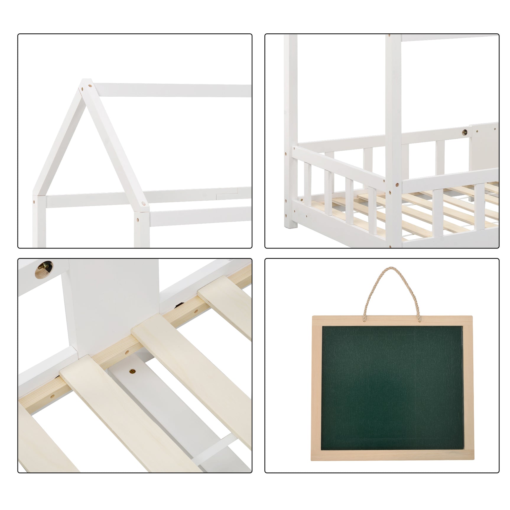 Lit cabane enfant 90x200 cm blanc en bois massif avec tableau noir, sommier à lattes et barrières de sécurité, sans matelas