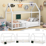 Lit cabane enfant 90x200 cm blanc en bois massif avec tableau noir, sommier à lattes et barrières de sécurité, sans matelas