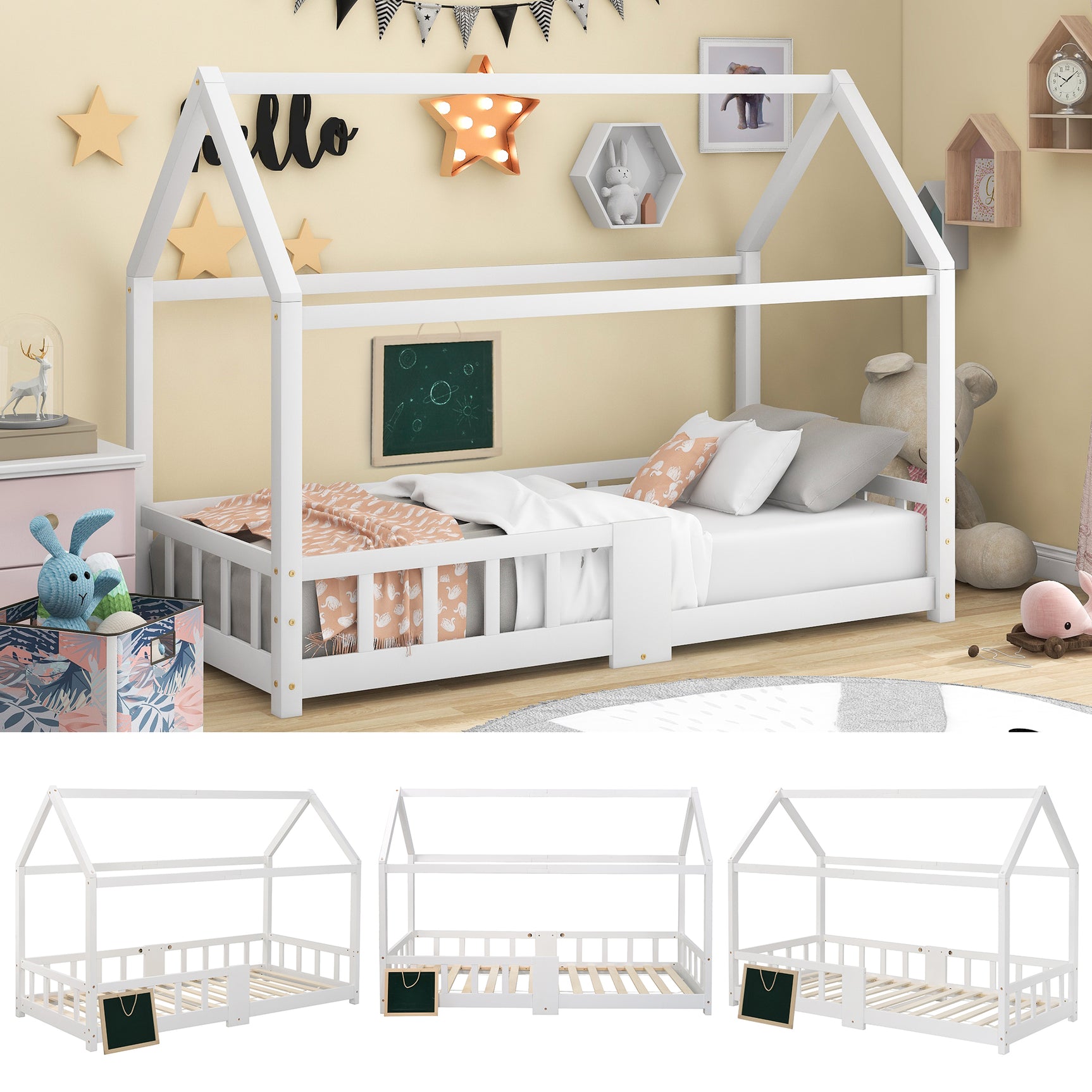 Lit cabane enfant 90x200 cm blanc en bois massif avec tableau noir, sommier à lattes et barrières de sécurité, sans matelas
