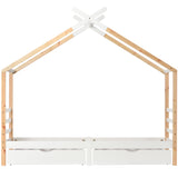 Kinderkabine 90x200 cm weißes und massives Holzholz mit geschmierigen Basis und 2 Lagerschubladen (ohne Matratzen)