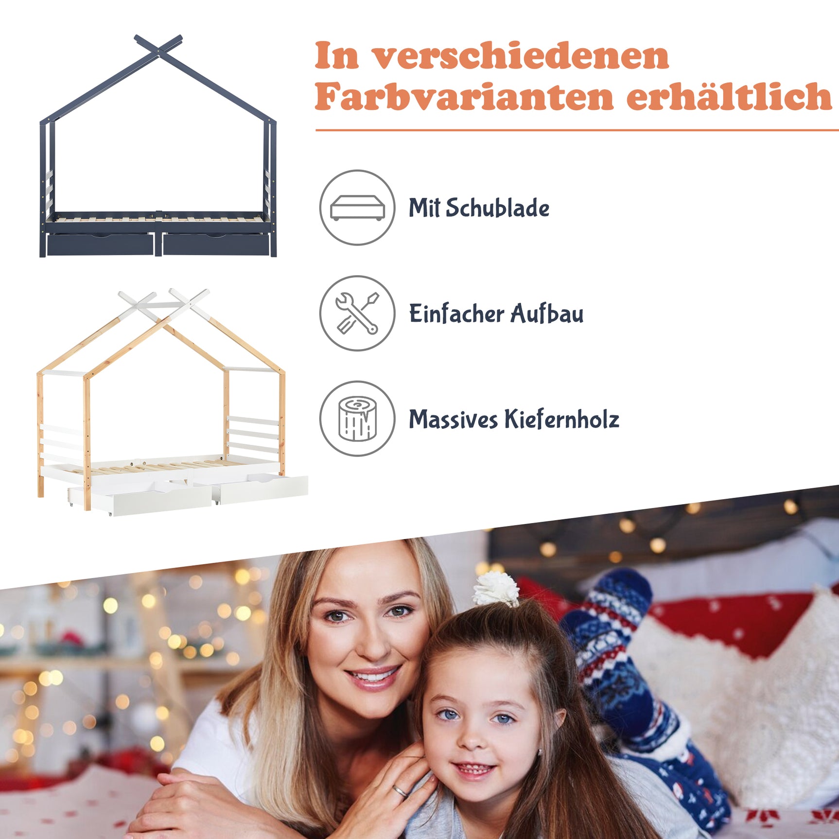 Kinderkabine 90x200 cm weißes und massives Holzholz mit geschmierigen Basis und 2 Lagerschubladen (ohne Matratzen)