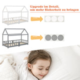 Lit cabane enfant 90x200 cm blanc en bois massif avec tableau noir, sommier à lattes et barrières de sécurité, sans matelas