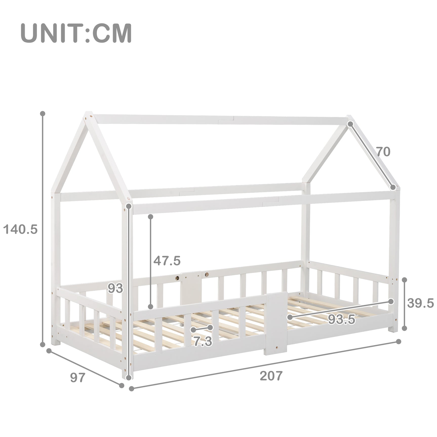 Lit cabane enfant 90x200 cm blanc en bois massif avec tableau noir, sommier à lattes et barrières de sécurité, sans matelas