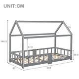 Lit cabane enfant 90x200 cm gris en bois massif avec tableau noir, sommier à lattes et barrières de sécurité, sans matelas