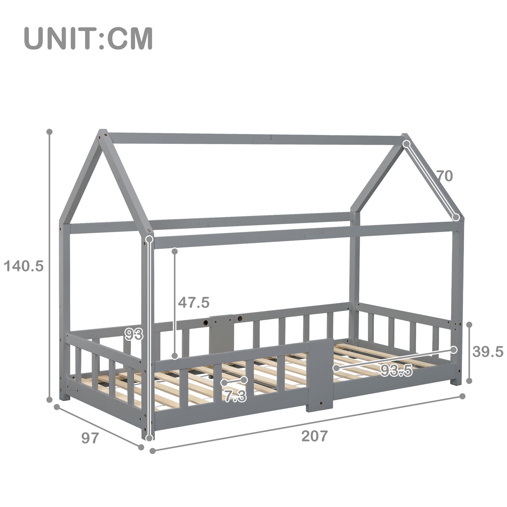 Lit cabane enfant 90x200 cm gris en bois massif avec tableau noir, sommier à lattes et barrières de sécurité, sans matelas