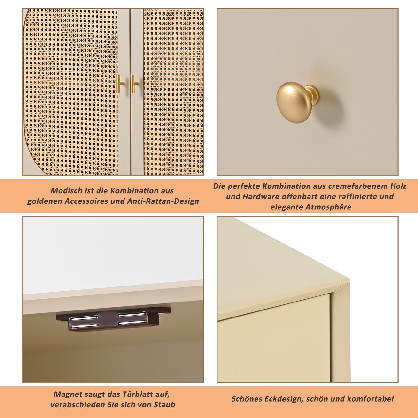 Salón y comedor buffet en blanco roto con puertas de ratán y 3 cajones, moderna unidad de almacenamiento de 120 cm de ancho