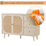 Salón y comedor buffet en blanco roto con puertas de ratán y 3 cajones, moderna unidad de almacenamiento de 120 cm de ancho