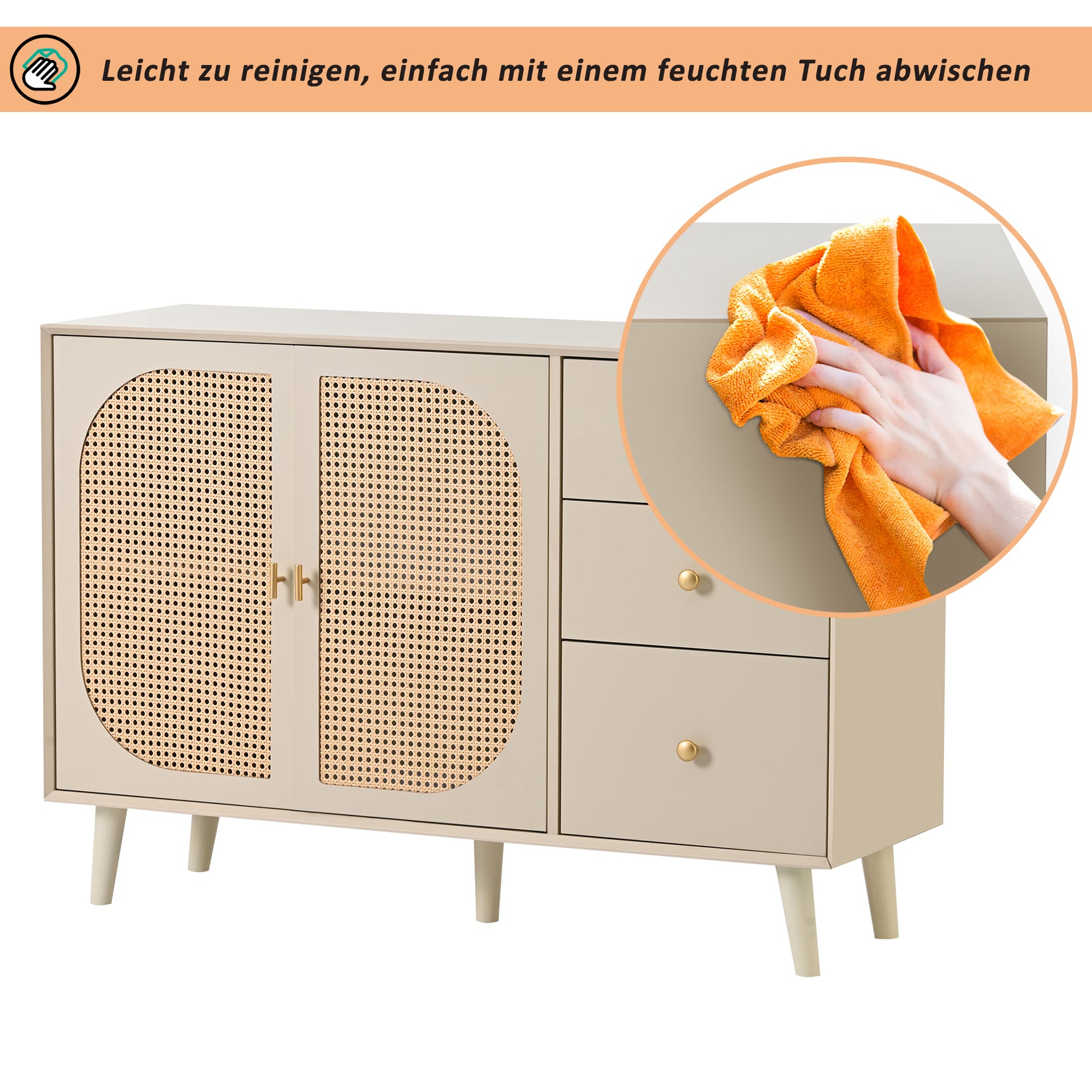Salón y comedor buffet en blanco roto con puertas de ratán y 3 cajones, moderna unidad de almacenamiento de 120 cm de ancho