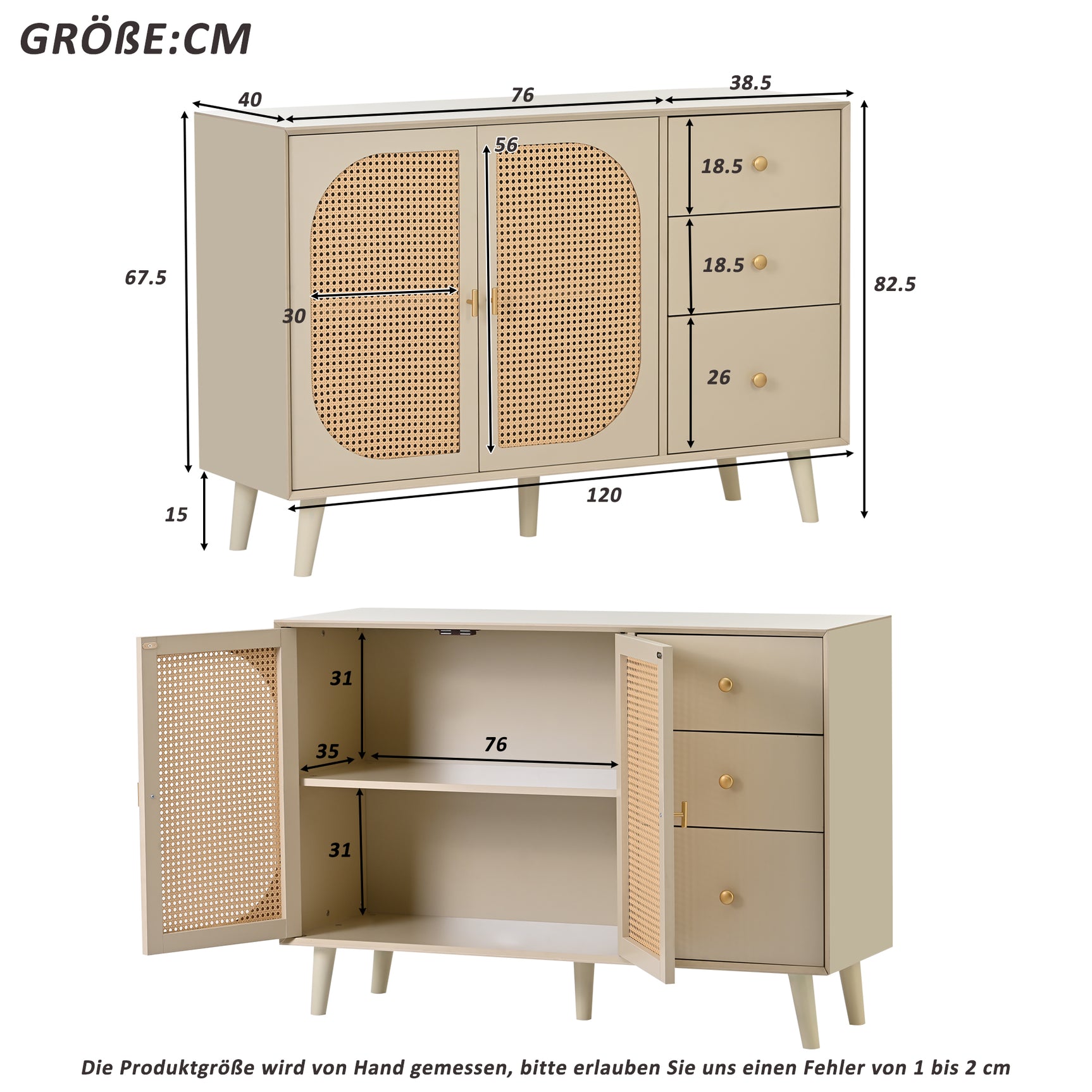 Salón y comedor buffet en blanco roto con puertas de ratán y 3 cajones, moderna unidad de almacenamiento de 120 cm de ancho
