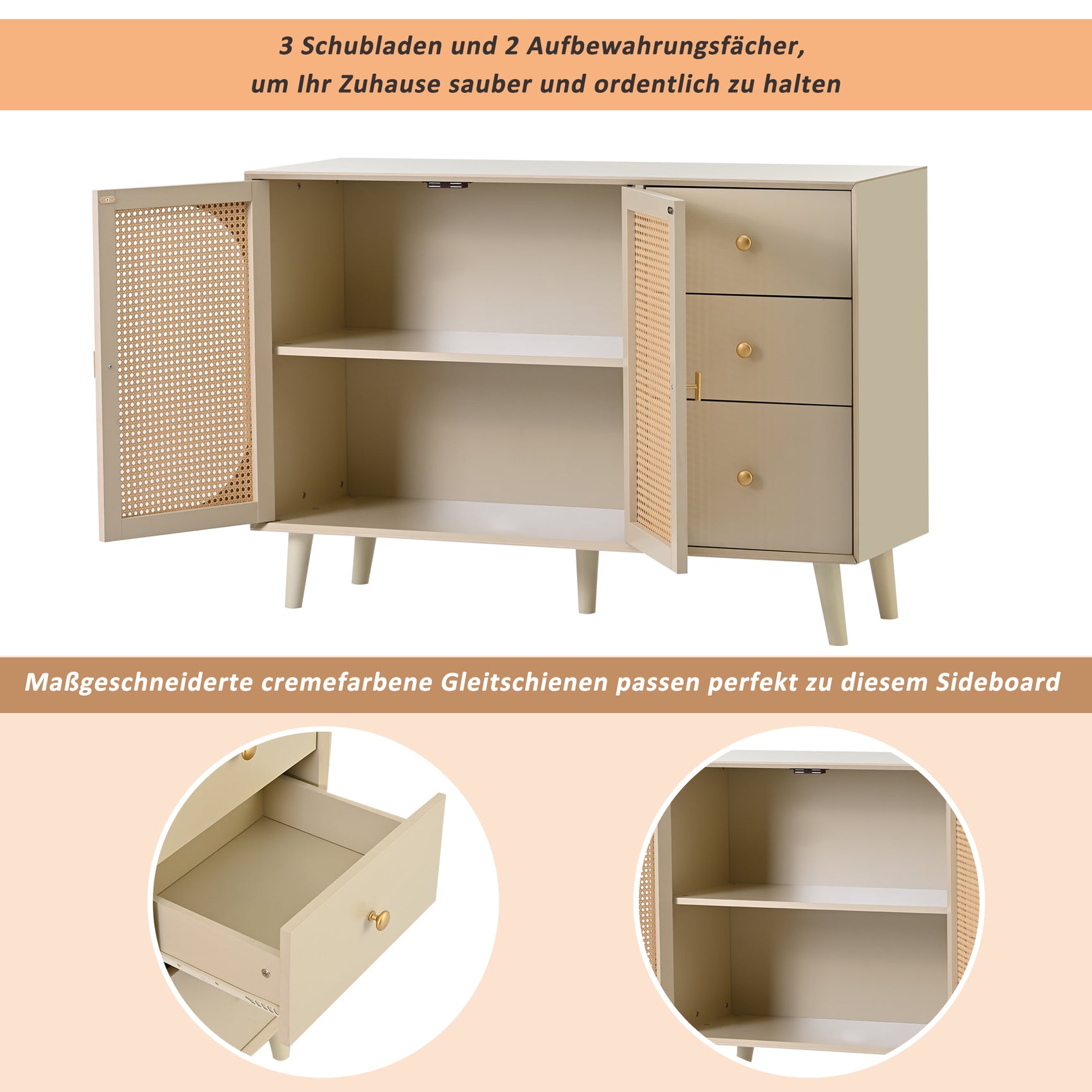 Salón y comedor buffet en blanco roto con puertas de ratán y 3 cajones, moderna unidad de almacenamiento de 120 cm de ancho