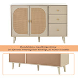 Salón y comedor buffet en blanco roto con puertas de ratán y 3 cajones, moderna unidad de almacenamiento de 120 cm de ancho