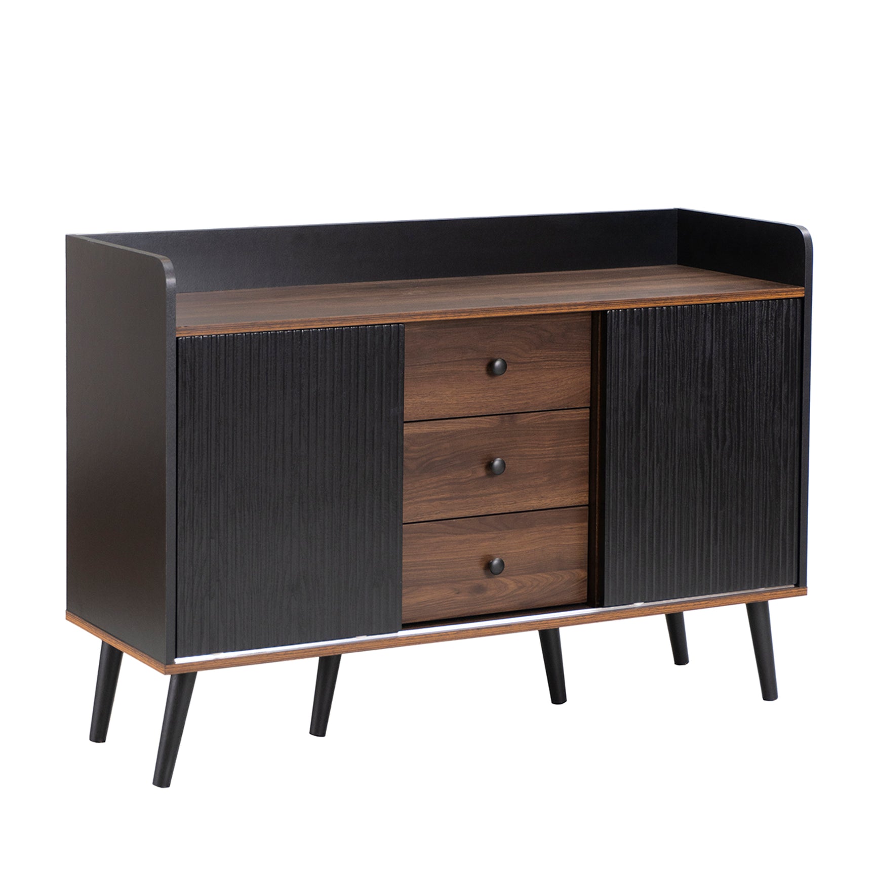 Buffet moderno en negro y madera con 3 cajones y puertas correderas estriadas