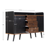 Buffet moderno en negro y madera con 3 cajones y puertas correderas estriadas