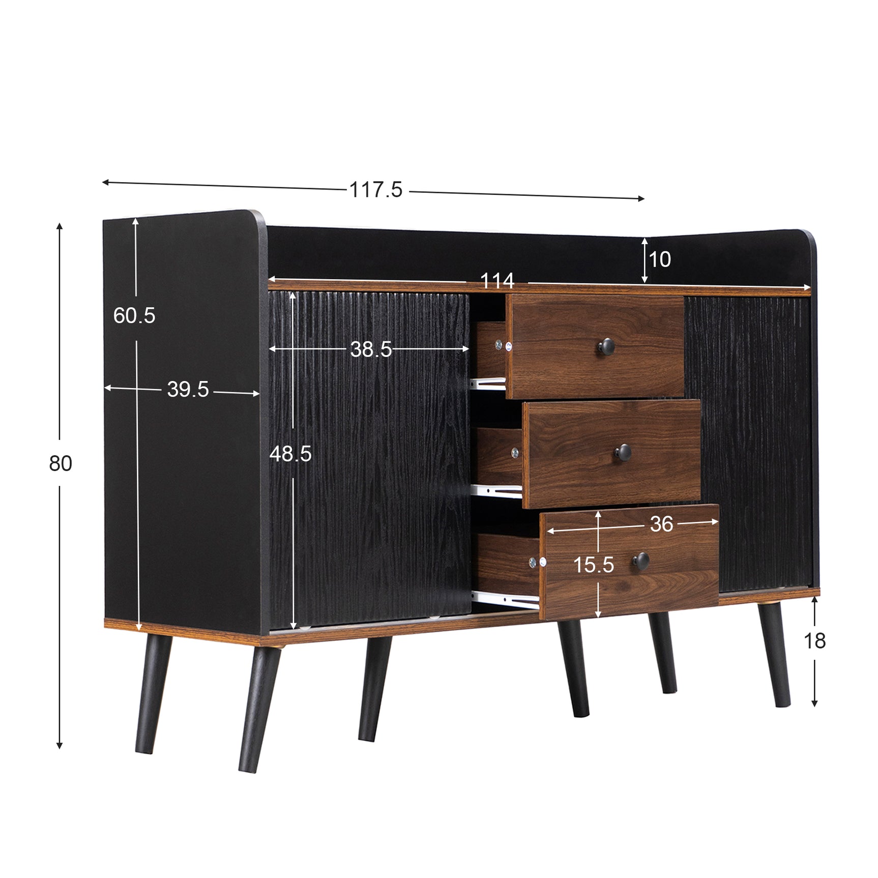 Buffet moderno en negro y madera con 3 cajones y puertas correderas estriadas