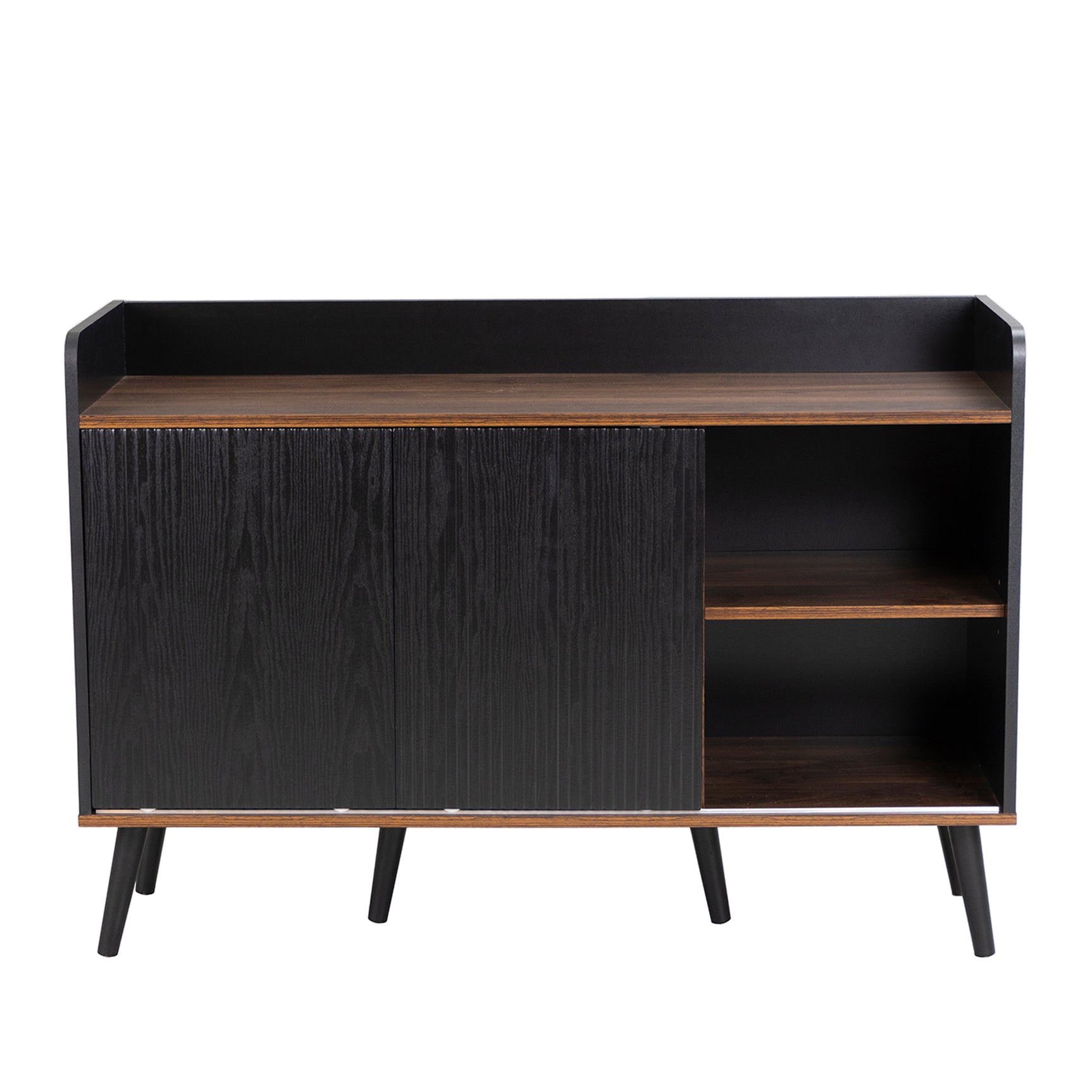Buffet moderno en negro y madera con 3 cajones y puertas correderas estriadas