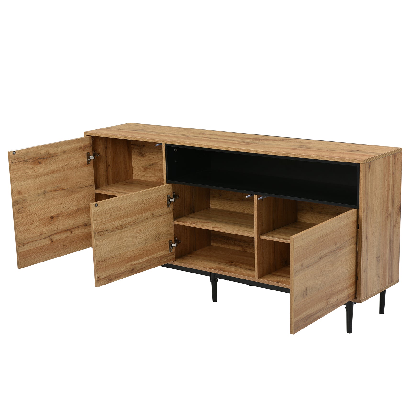 Modernes niedriges Buffet 160 cm in Naturholz mit 3 Türen, verstellbaren Regalen und schwarzen Füßen - 160 x 35 x 76 cm