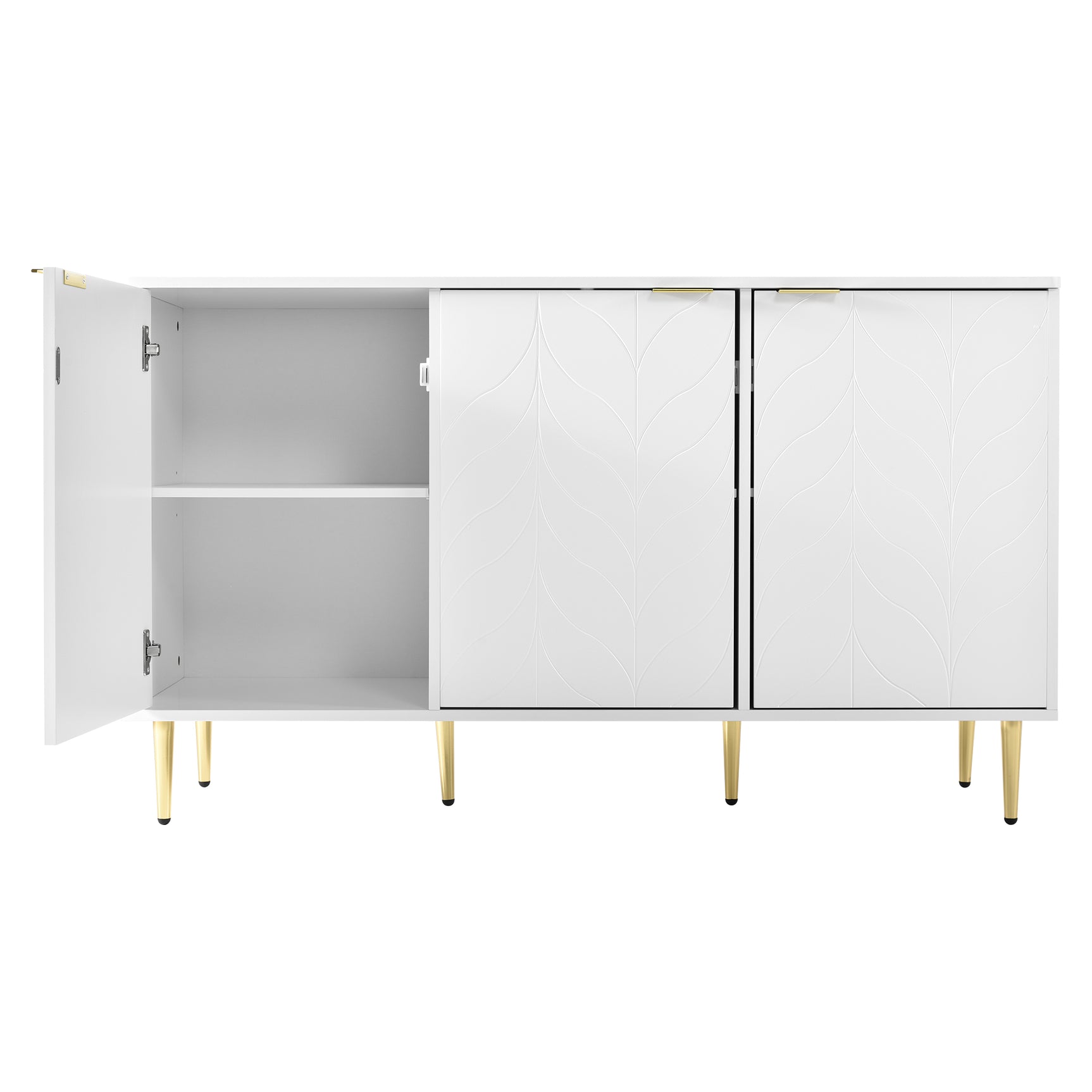 Sideboard moderne à motifs de fleurs 127×45×75cm Commode blanche avec pieds et poignées dorées 2 étagères 6 compartiments pour salon chambre à coucher et salle de bains
