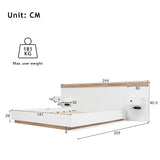 Lit double 140x200 cm avec sommier, tête de lit et 2 tables de chevet LED avec ports USB-C intégrés (sans matelas) , 205x244x90,5 cm