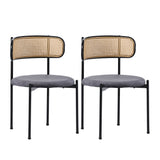 Lot de 2 chaises de salle à manger modernes en velours gris avec dossier en rotin et pieds en métal