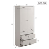 Armoire penderie blanche en panneaux de particules avec 2 portes, 2 tiroirs et tringle de rangement