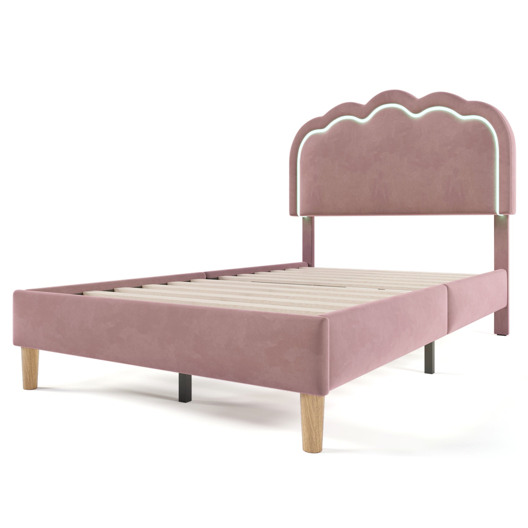 Lit enfant rembourré 90×190 cm avec LED, en velours rose avec tête de lit réglable et sommier à lattes (sans matelas)