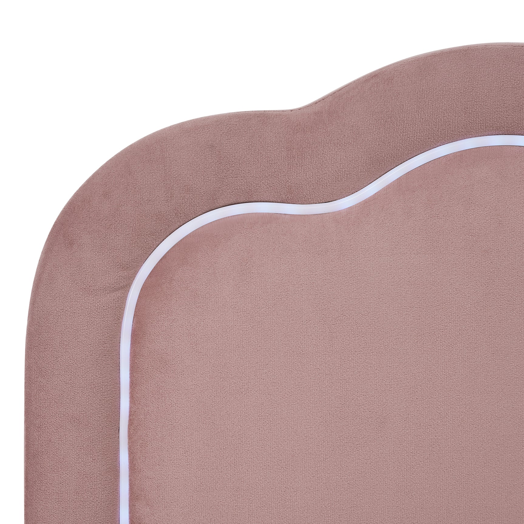 Lit enfant rembourré 90×190 cm avec LED, en velours rose avec tête de lit réglable et sommier à lattes (sans matelas)