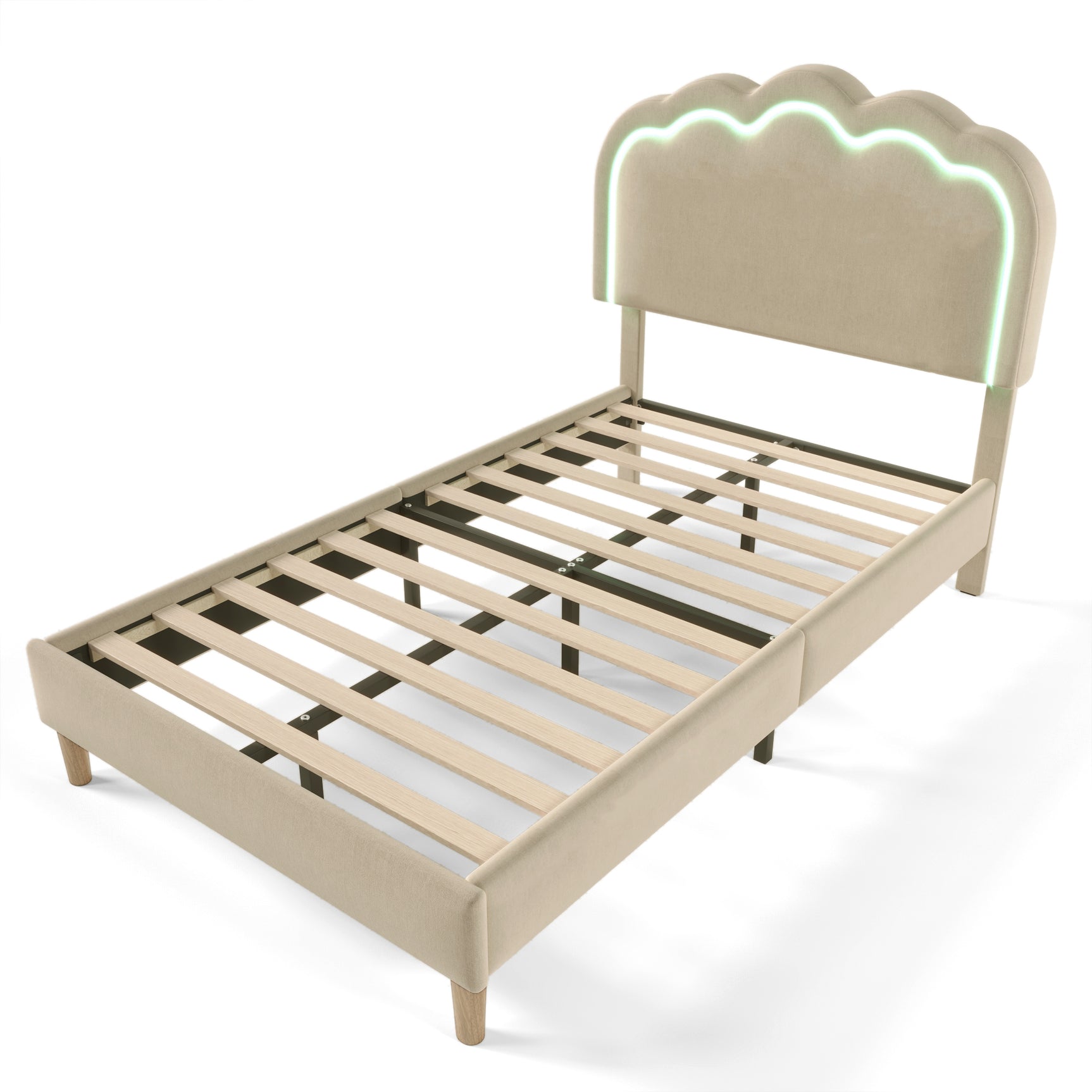 Lit enfant rembourré 90×200 cm avec LED, en lin beige avec tête de lit réglable et sommier à lattes (sans matelas)