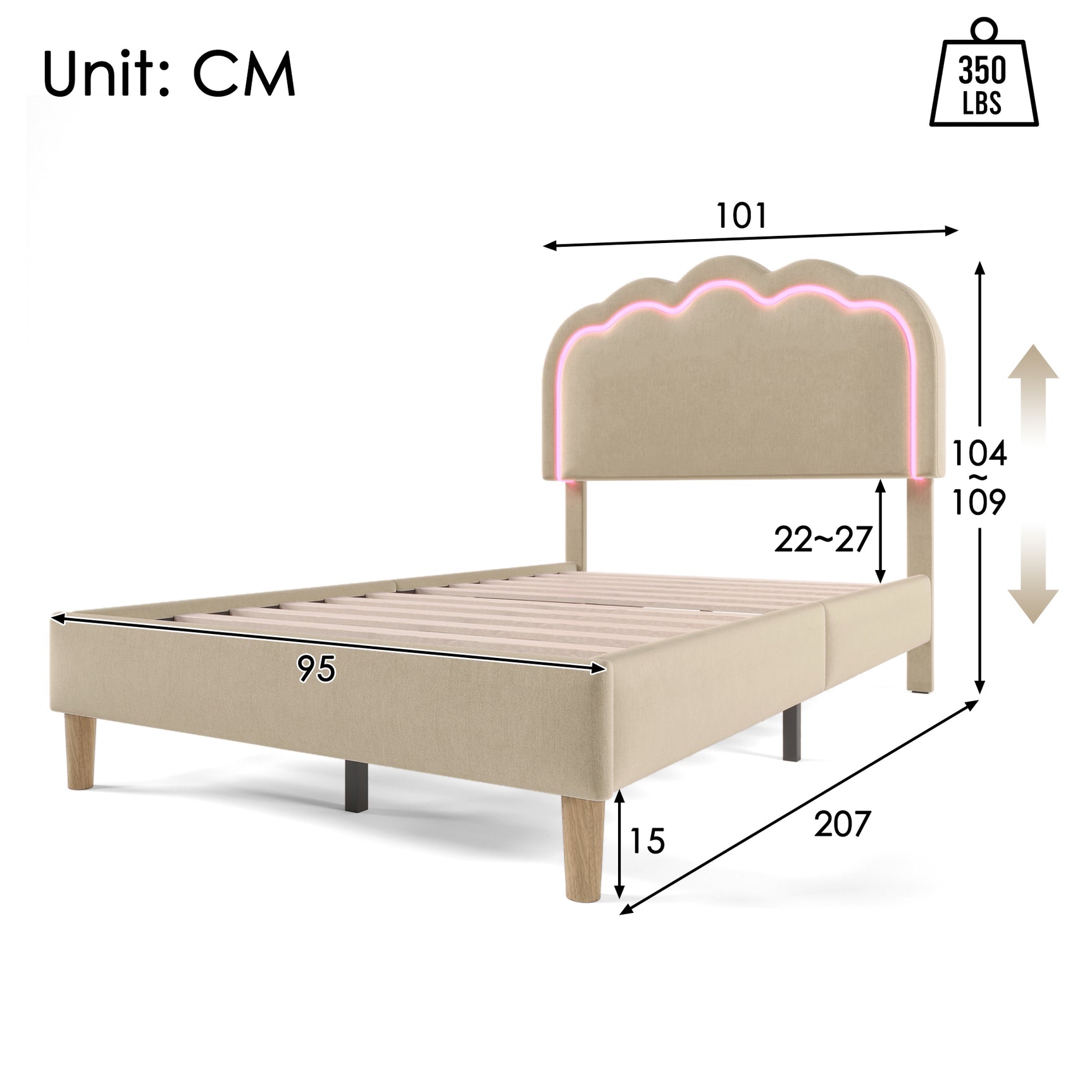 Lit enfant rembourré 90×200 cm avec LED, en lin beige avec tête de lit réglable et sommier à lattes (sans matelas)
