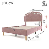 Lit enfant rembourré 90×200 cm avec LED, en velours rose avec tête de lit réglable et sommier à lattes (sans matelas)