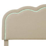 Lit enfant rembourré 90×200 cm avec LED, en lin beige avec tête de lit réglable et sommier à lattes (sans matelas)