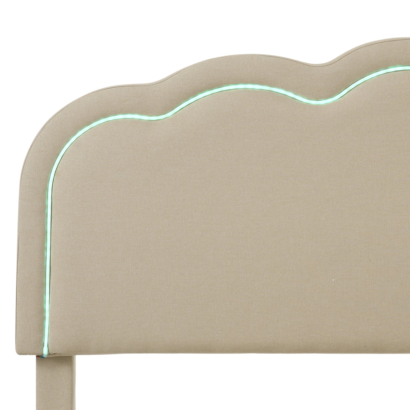 Lit enfant rembourré 90×200 cm avec LED, en lin beige avec tête de lit réglable et sommier à lattes (sans matelas)