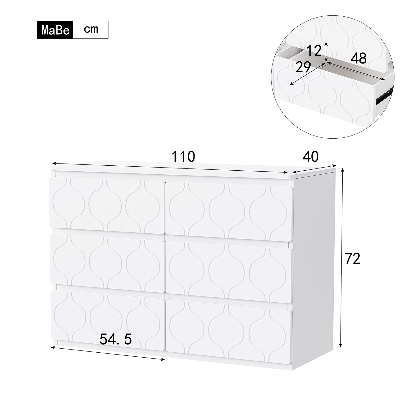 Commode blanche avec 6 tiroirs au design ondulé, finition laquée élégante et coins renforcés