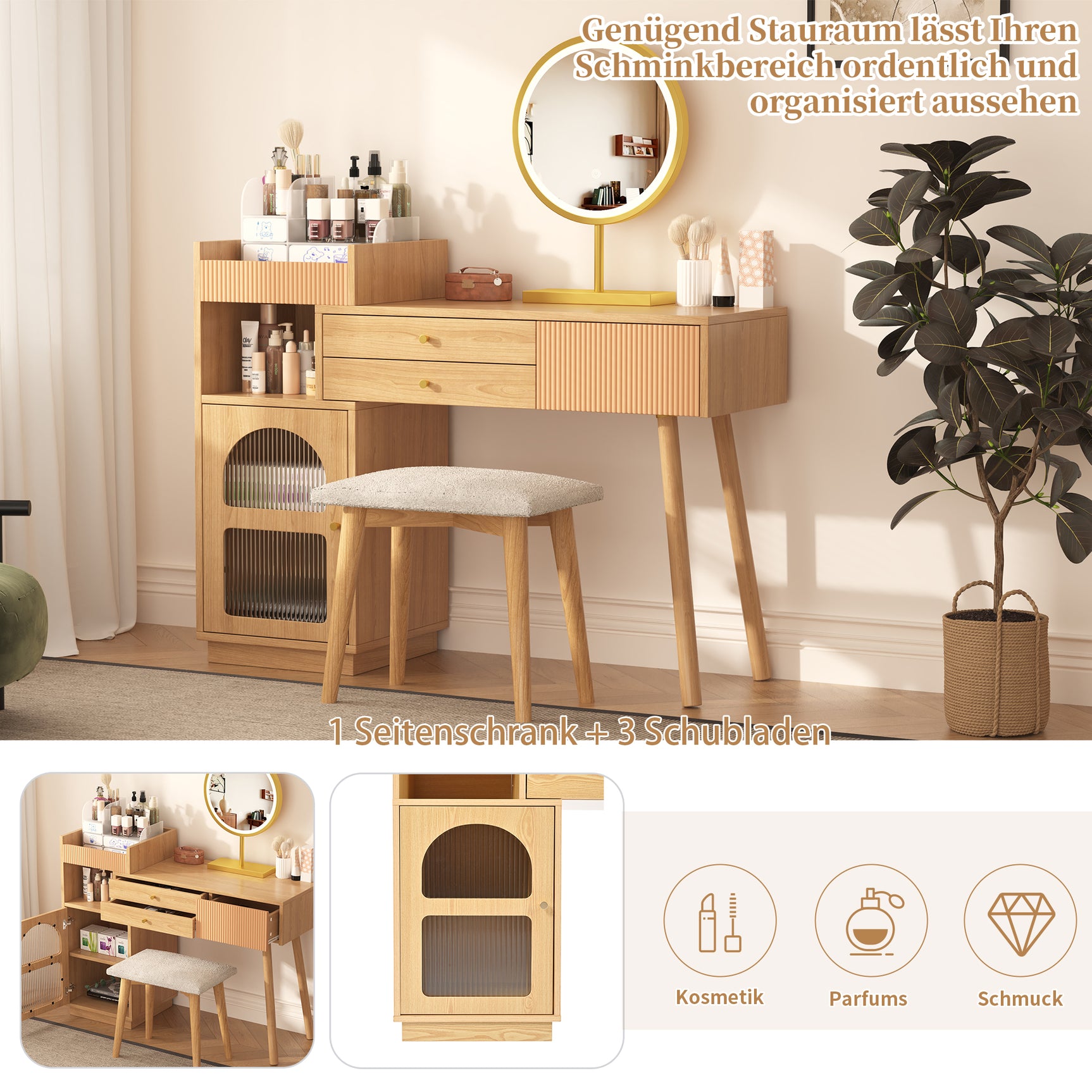 Peluquero moderno con espejo LED de 3 a luz, gran espacio de almacenamiento y gabinete de vidrio lateral, 120x40x90 cm