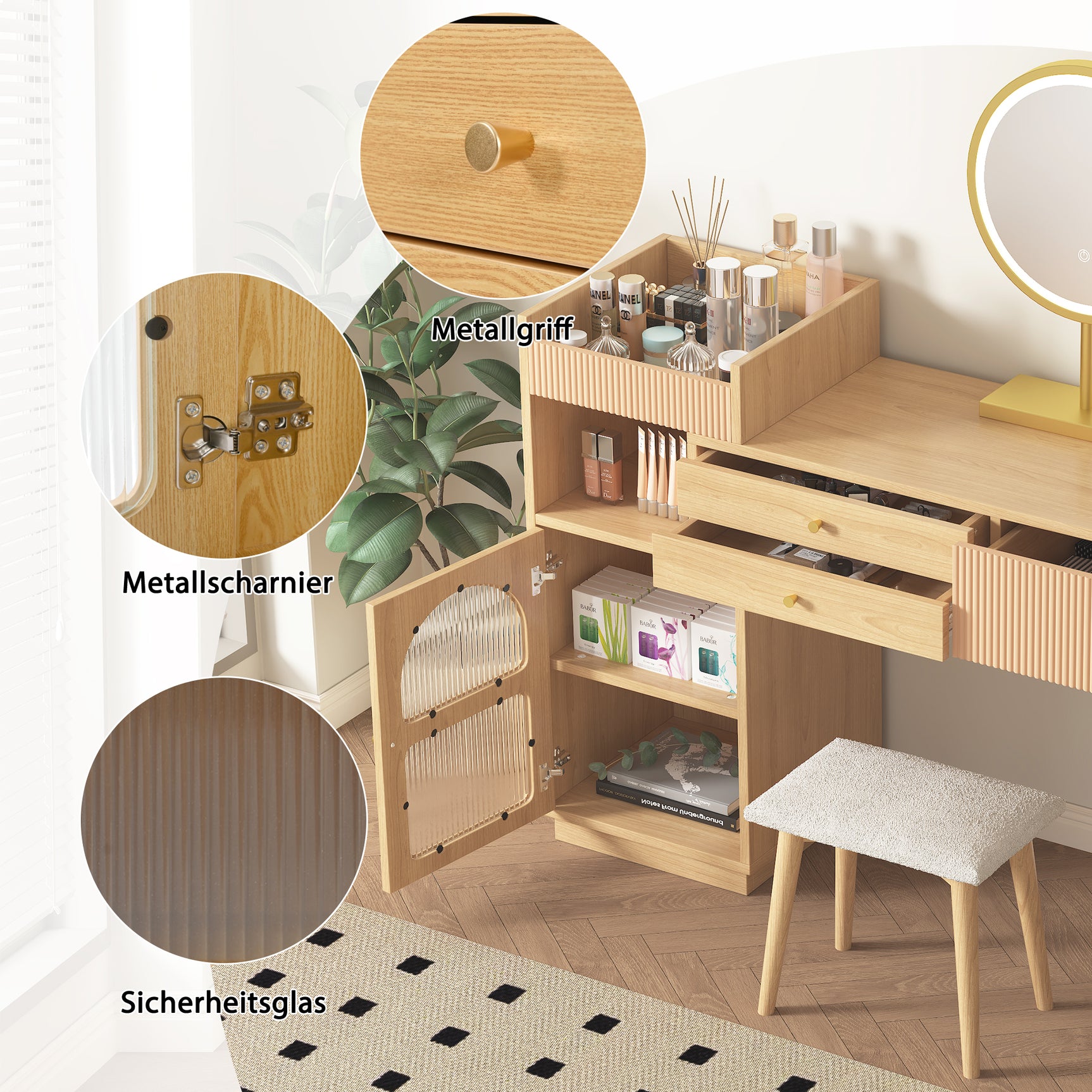 Peluquero moderno con espejo LED de 3 a luz, gran espacio de almacenamiento y gabinete de vidrio lateral, 120x40x90 cm