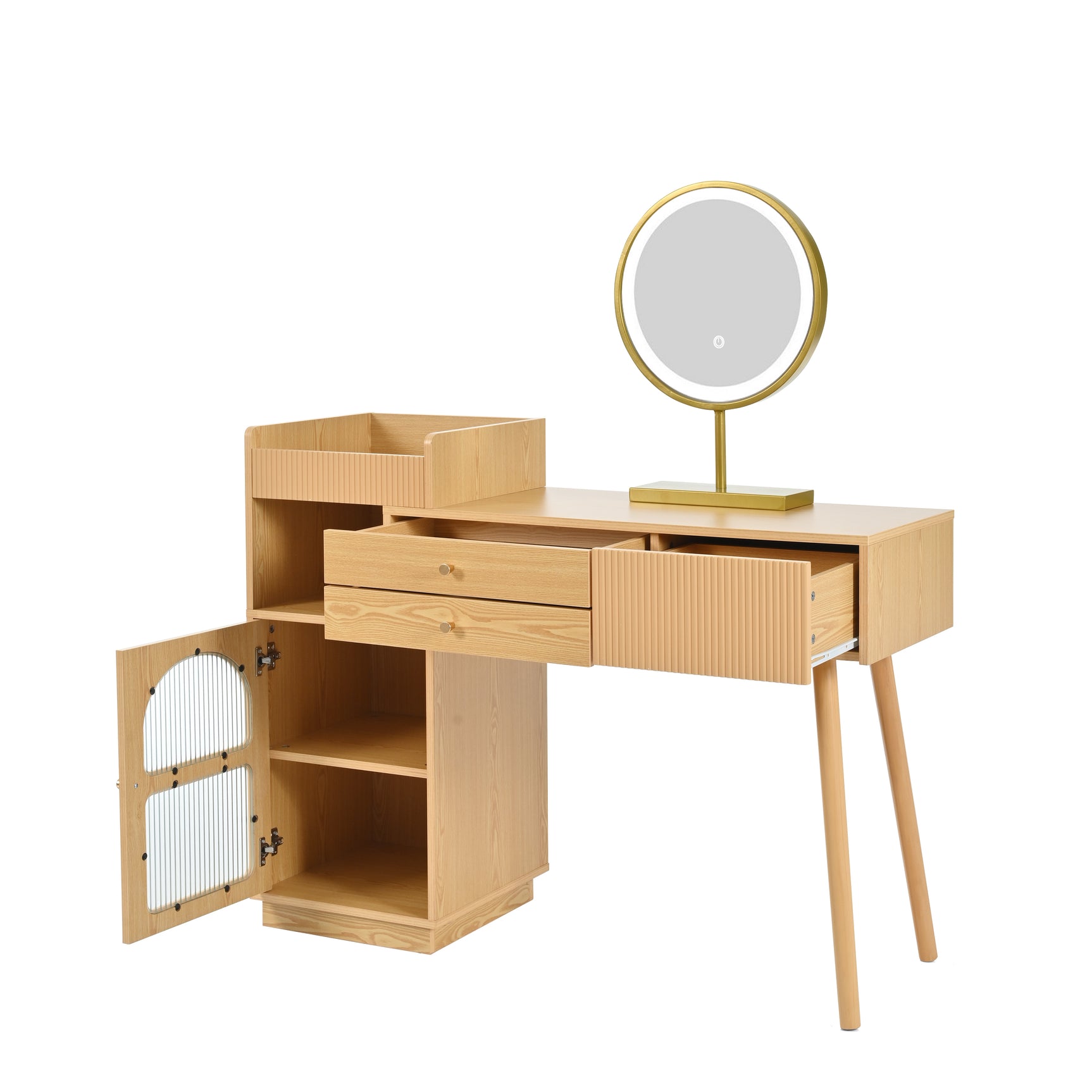 Peluquero moderno con espejo LED de 3 a luz, gran espacio de almacenamiento y gabinete de vidrio lateral, 120x40x90 cm